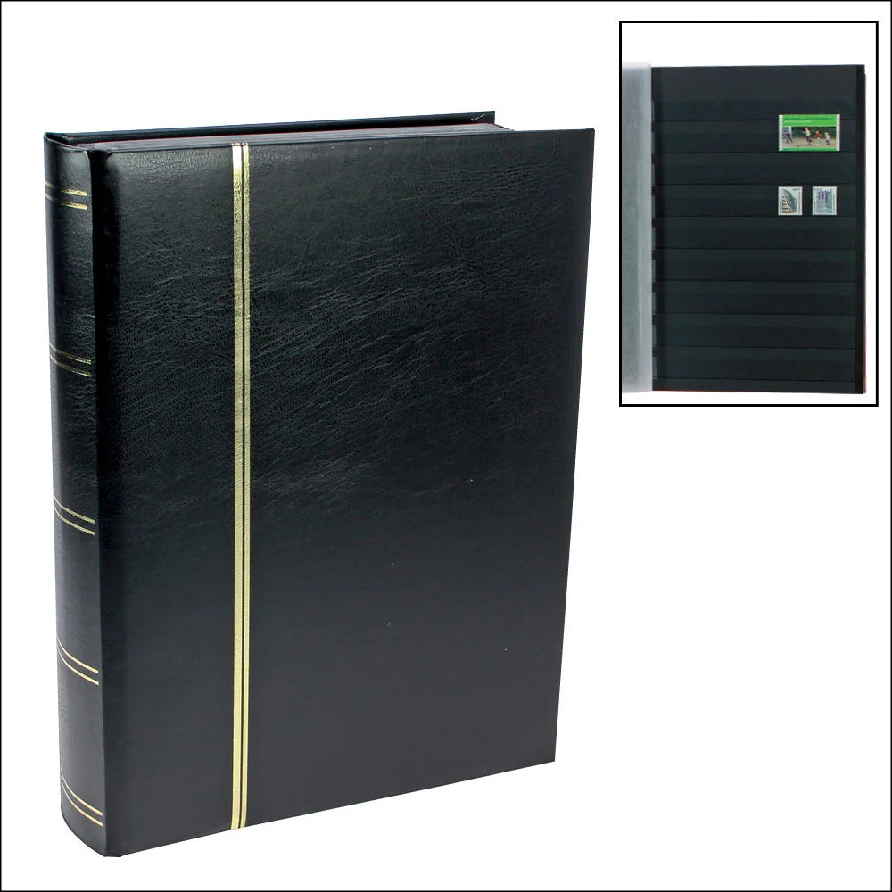 Black stamp stockbook with gold accents and inset image of black pages with stamps on a white background