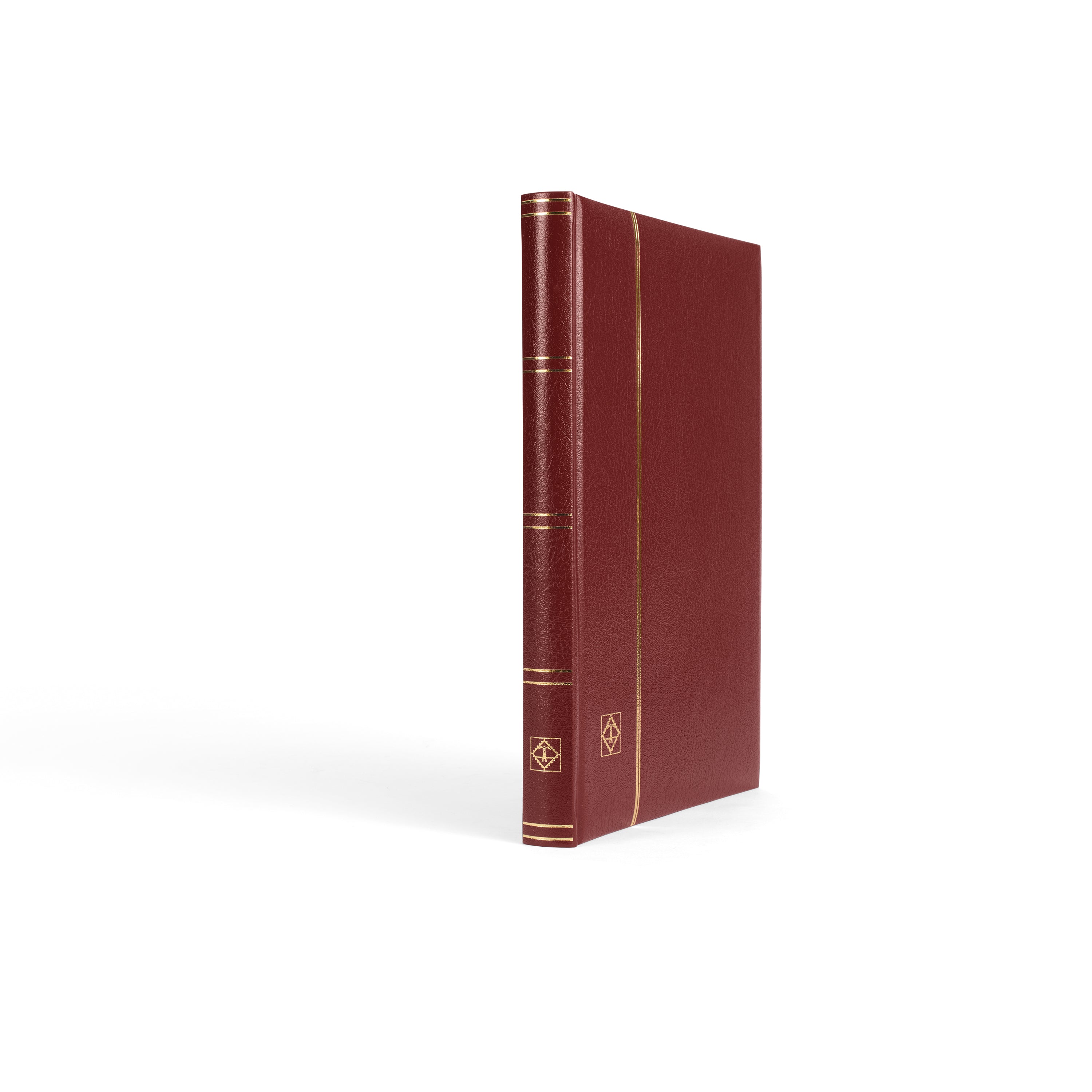 Red stamp album stockbook with gold accents on a white background