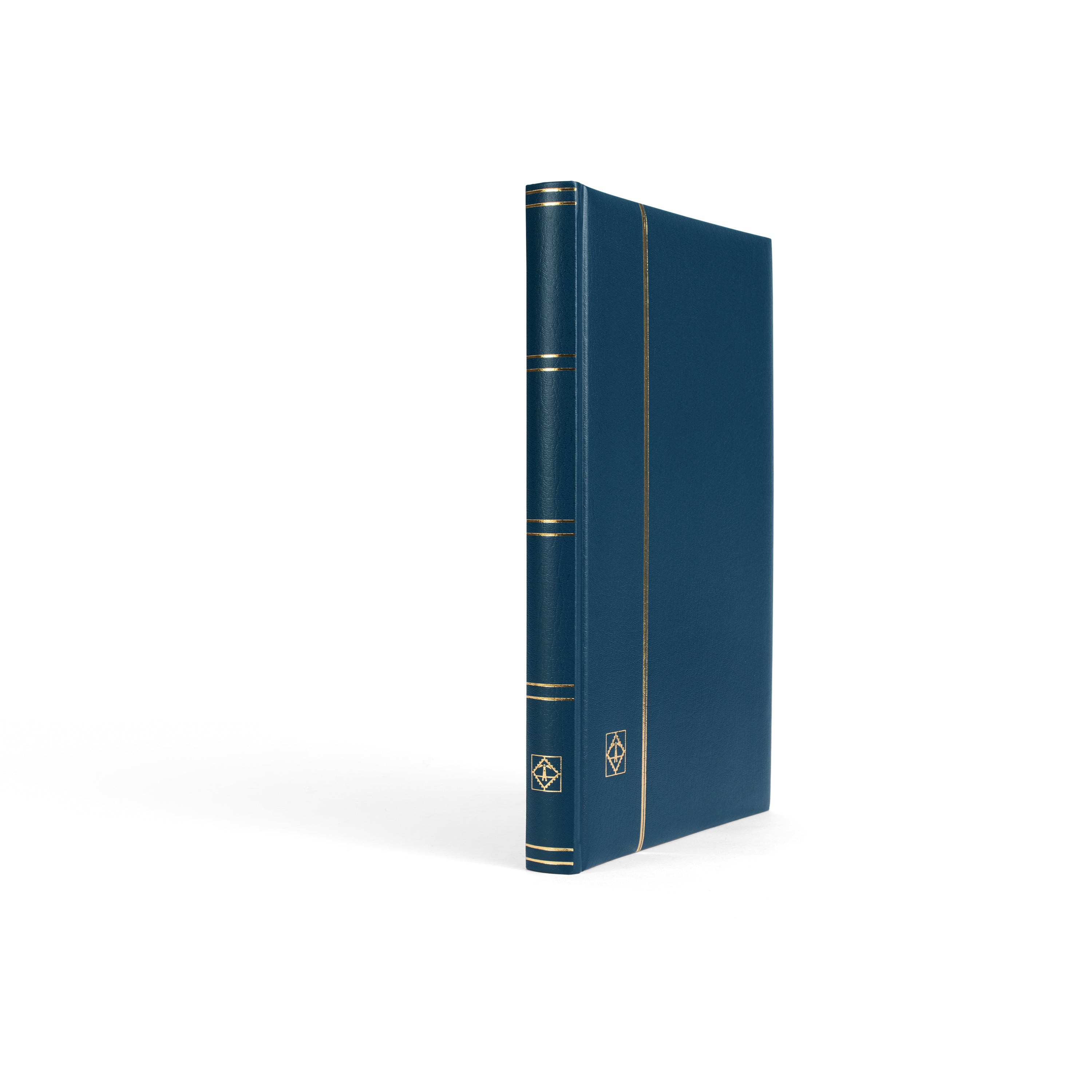 Blue stamp album stockbook with gold accents on a white background