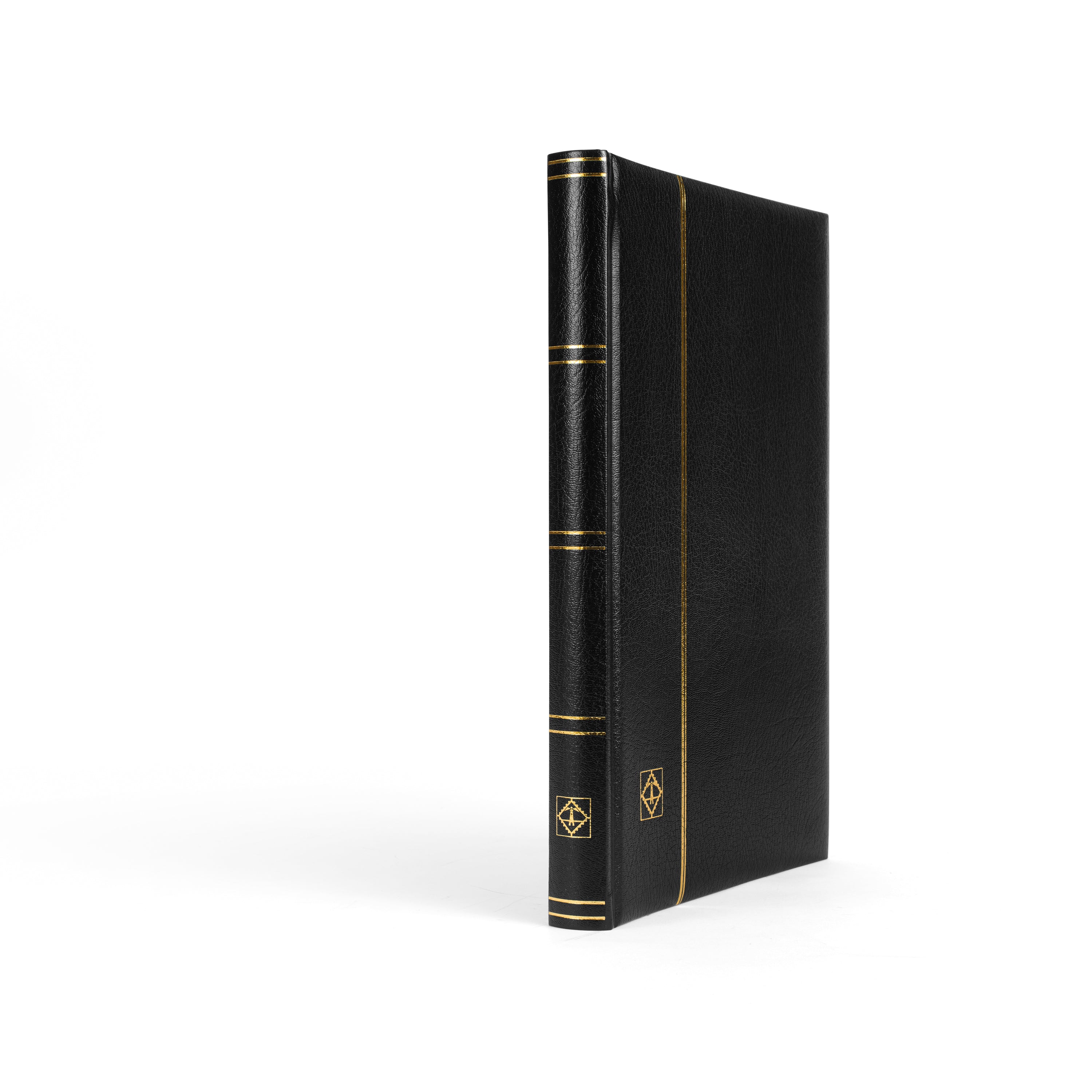 Black stamp album stockbook with gold accents on a white background