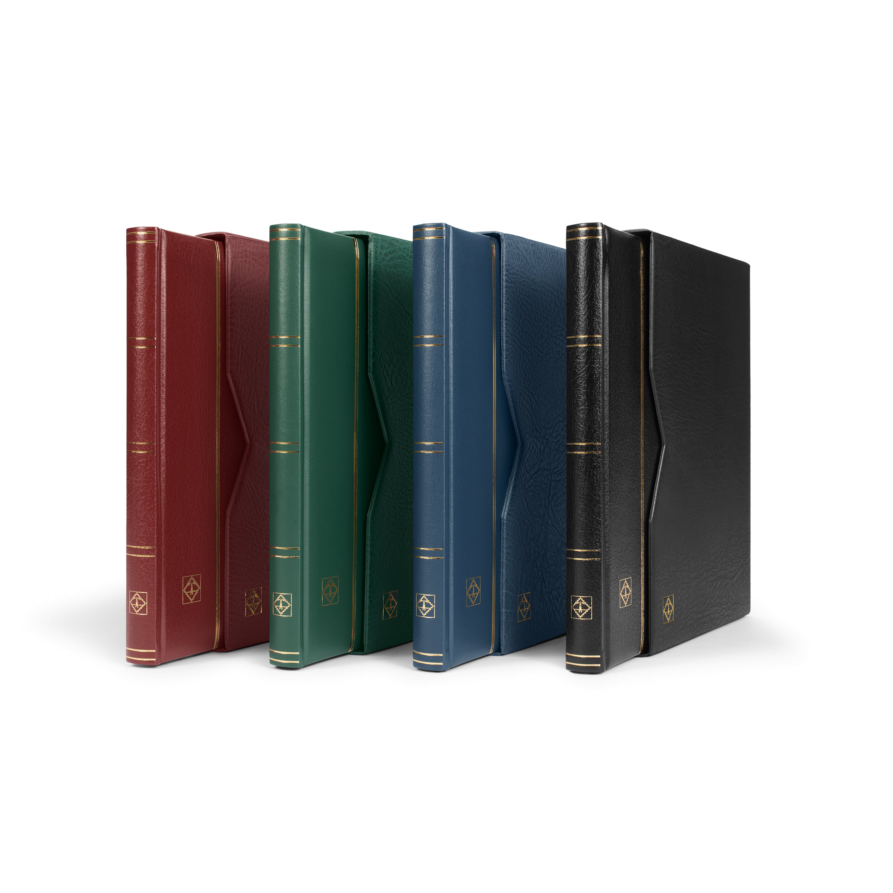Set of four leather-bound stamp stockbook in various colors with matching slipcases on a white background