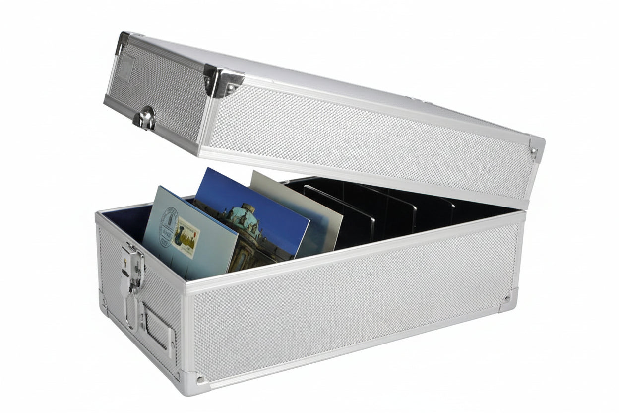 Aluminum case with handle, latch and metal dividers revealing a postcard collection inside