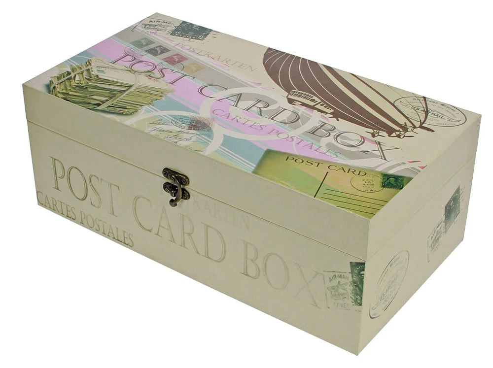 Beige wooden postcard box with postcard designs on a white background