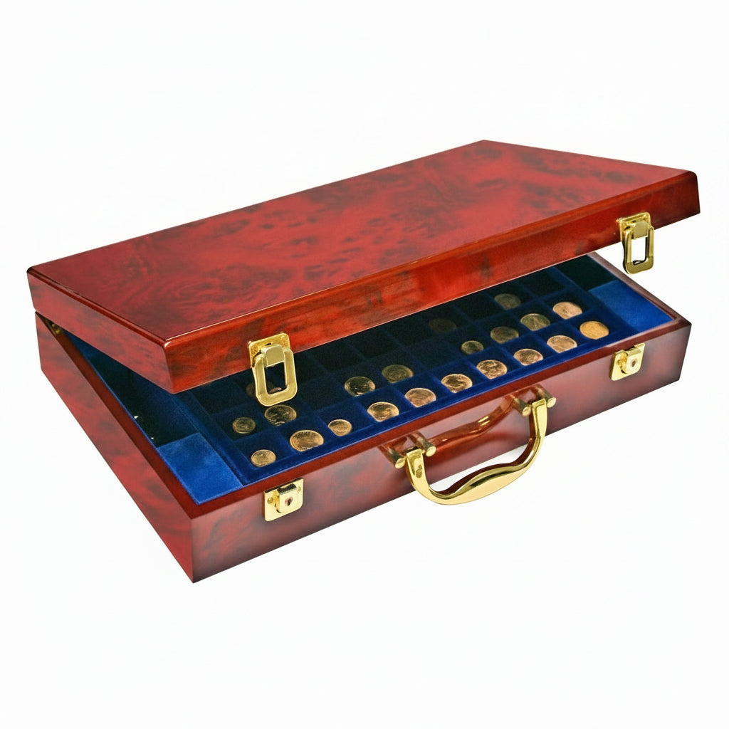 Burlwood coin briefcase that has a gold handle and two snap locks, with the lid open ajar displaying blue velvet trays with coins on a white background