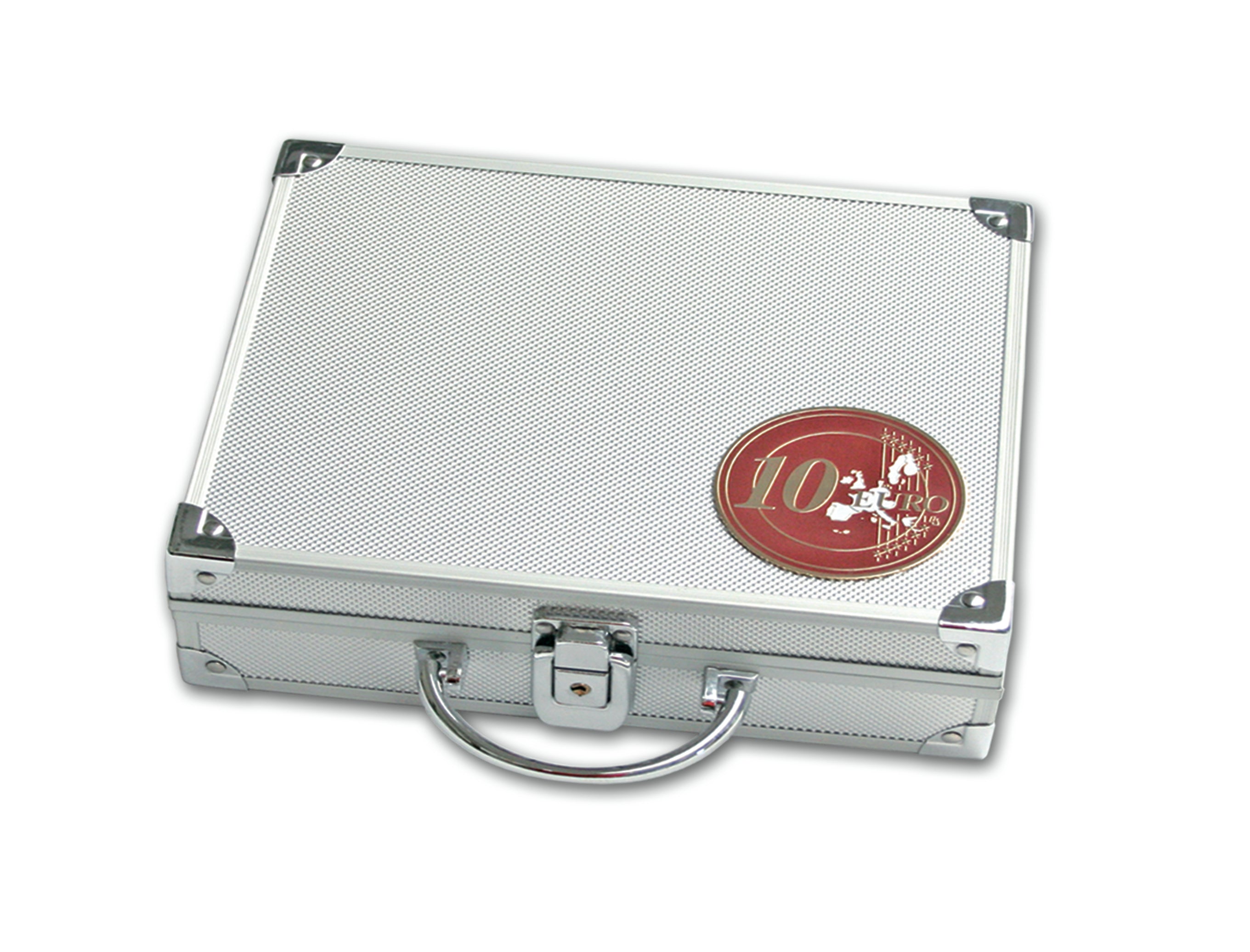 Silver aluminum carrying coin case with a red 10 Euro medallion on a white background