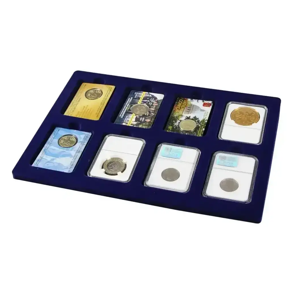 Collection of graded coin slabs and coin cards in a velvet blue display tray on a white background