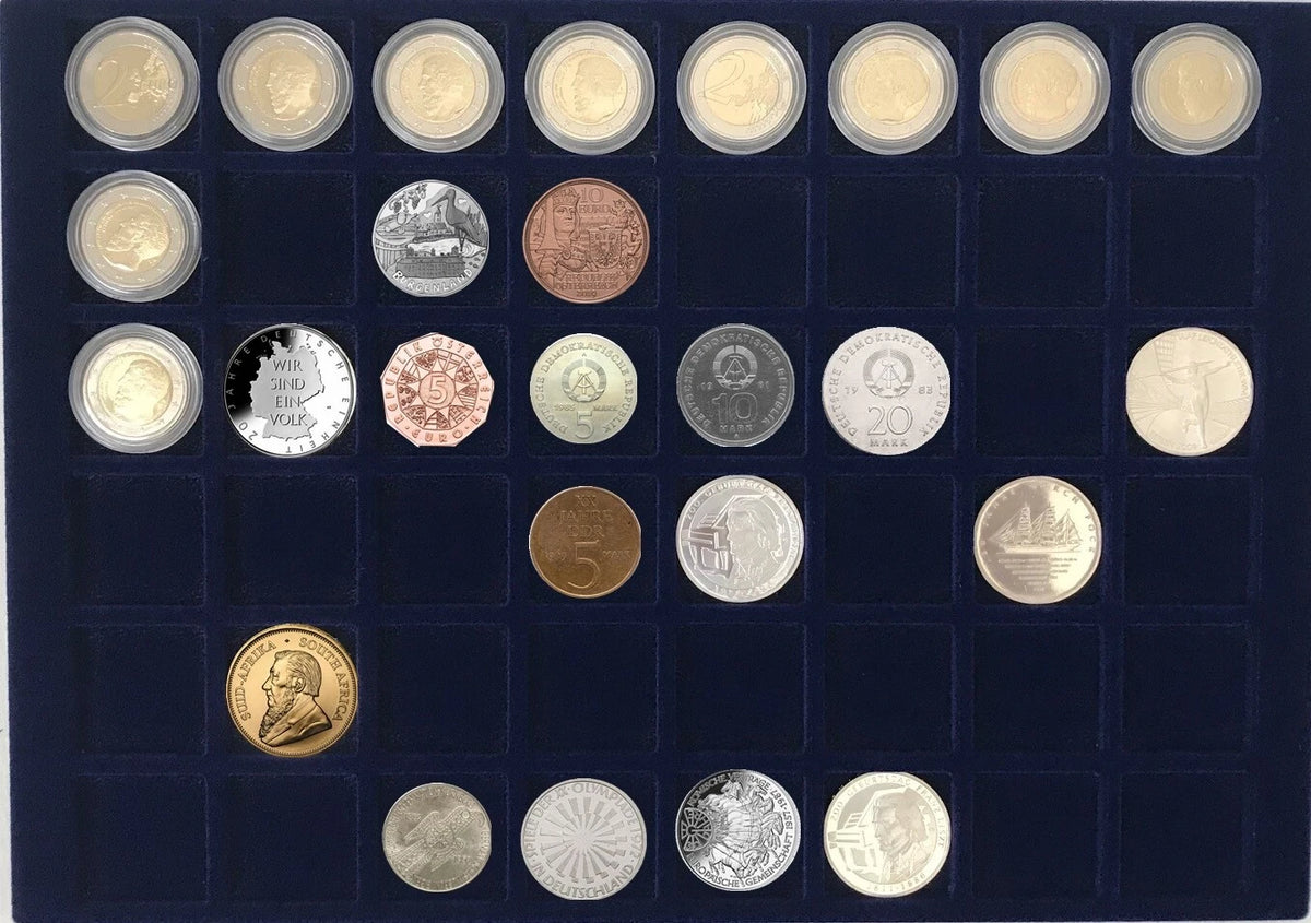 A collection of various international coins displayed in a dark blue velvet coin tray with individual compartments.