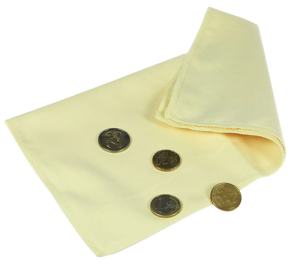 Yellow cleaning / polishing cloth with four gold coins on a white background