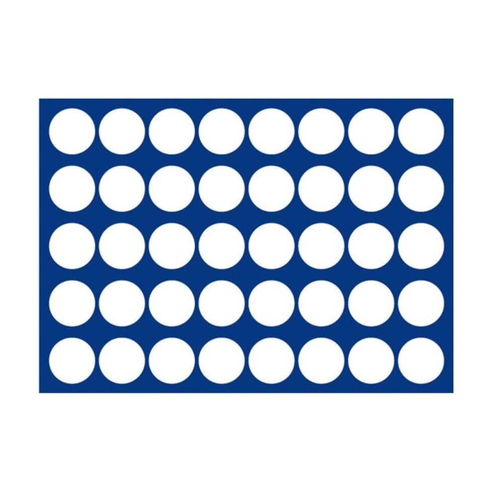 Blue rectangle with white circles illustrated representing the coin tray layout on a white background