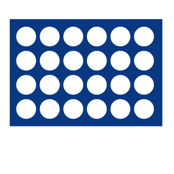 Blue rectangle with white circles illustrated representing the coin tray layout on a white background