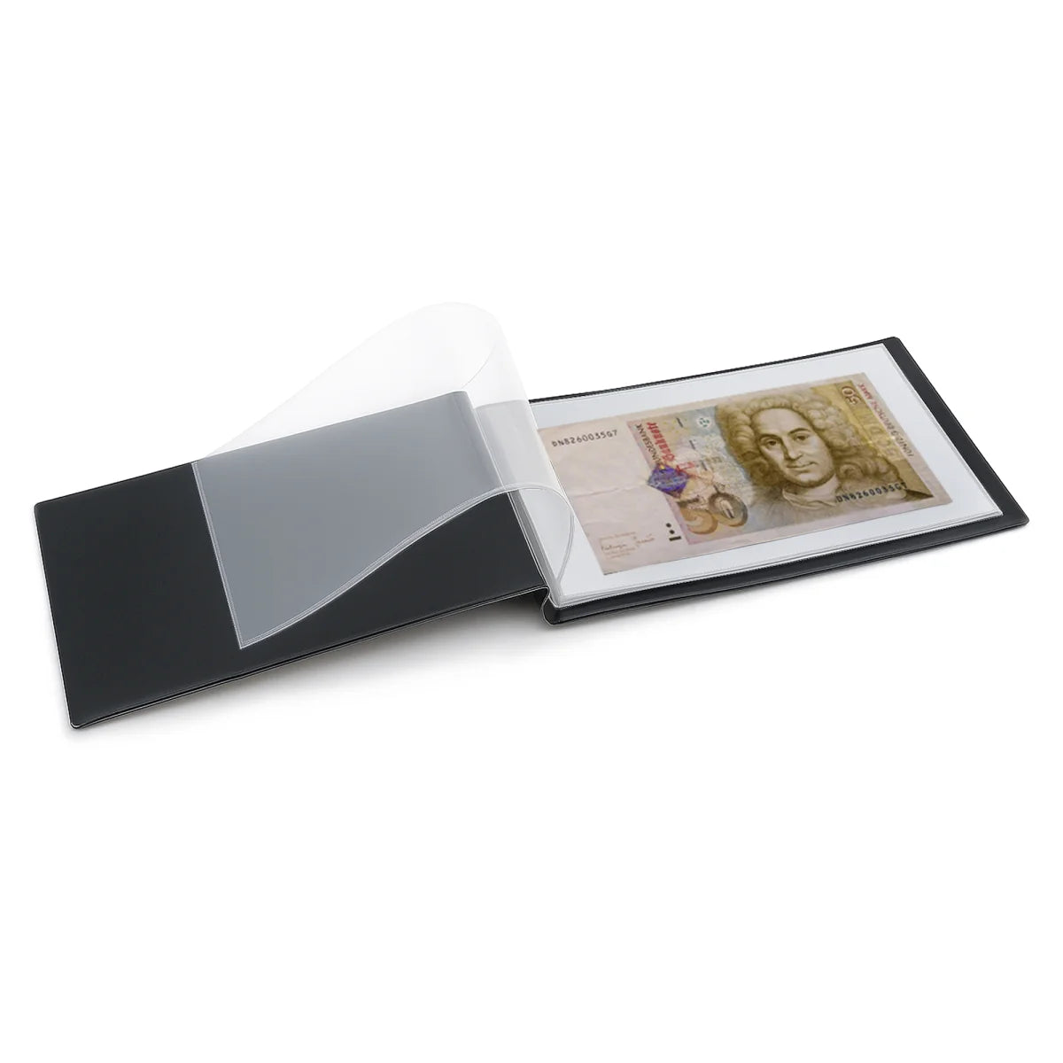 Currency collection displayed in an open SAFE Pocket Currency Wallet & Travel Album for Banknotes on a white background