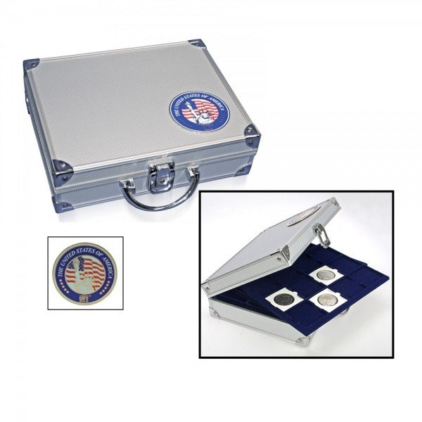 Aluminum coin case with U.S. logo with an inset image of the case open with 2x2 coin flips on a white background