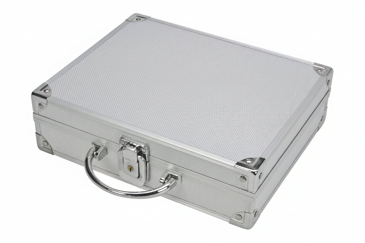 Silver aluminum case with carrying handle without the collectors emblem on the lid against a white background
