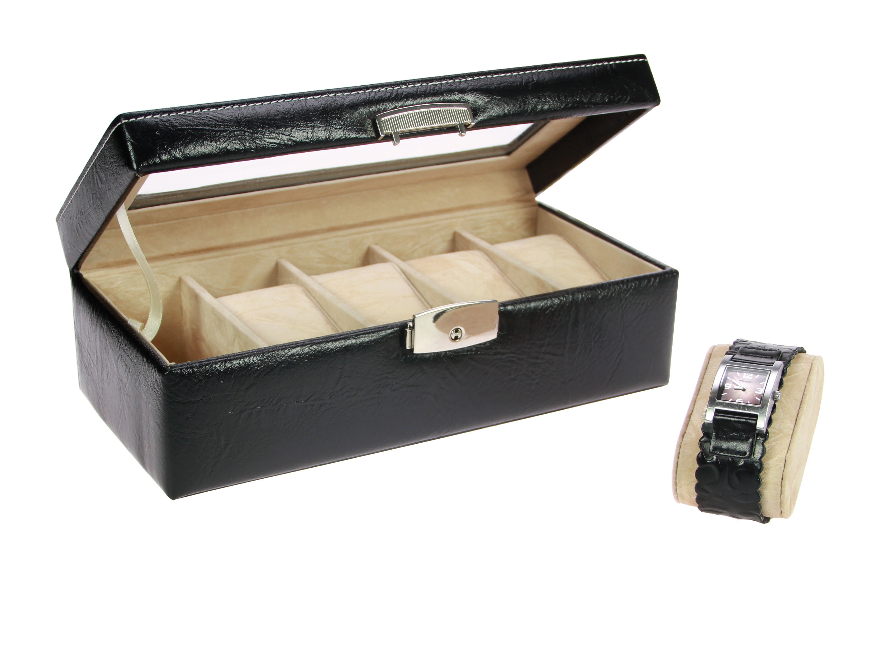 Open black watch display case with transparent lid and locking closure revealing 5 beige velvet compartments and a watch on the outside of the box, on a white background.