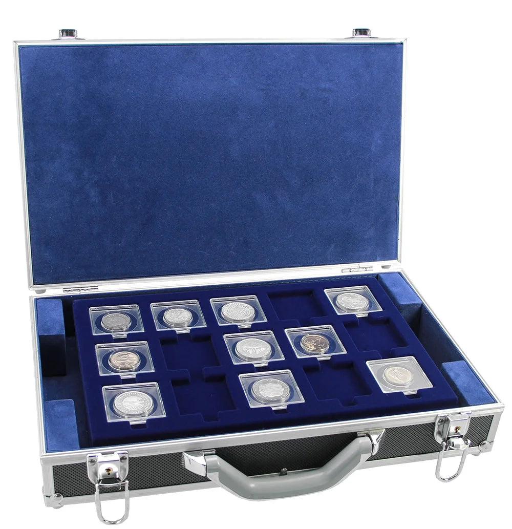 2x2 coin flip collection in a black aluminum coin carrying case with blue interior and blue velvet coin trays on a white background