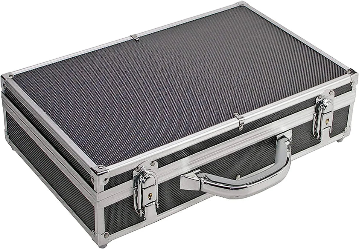 Black textured aluminum coin case with a handle and snap lock on a white background