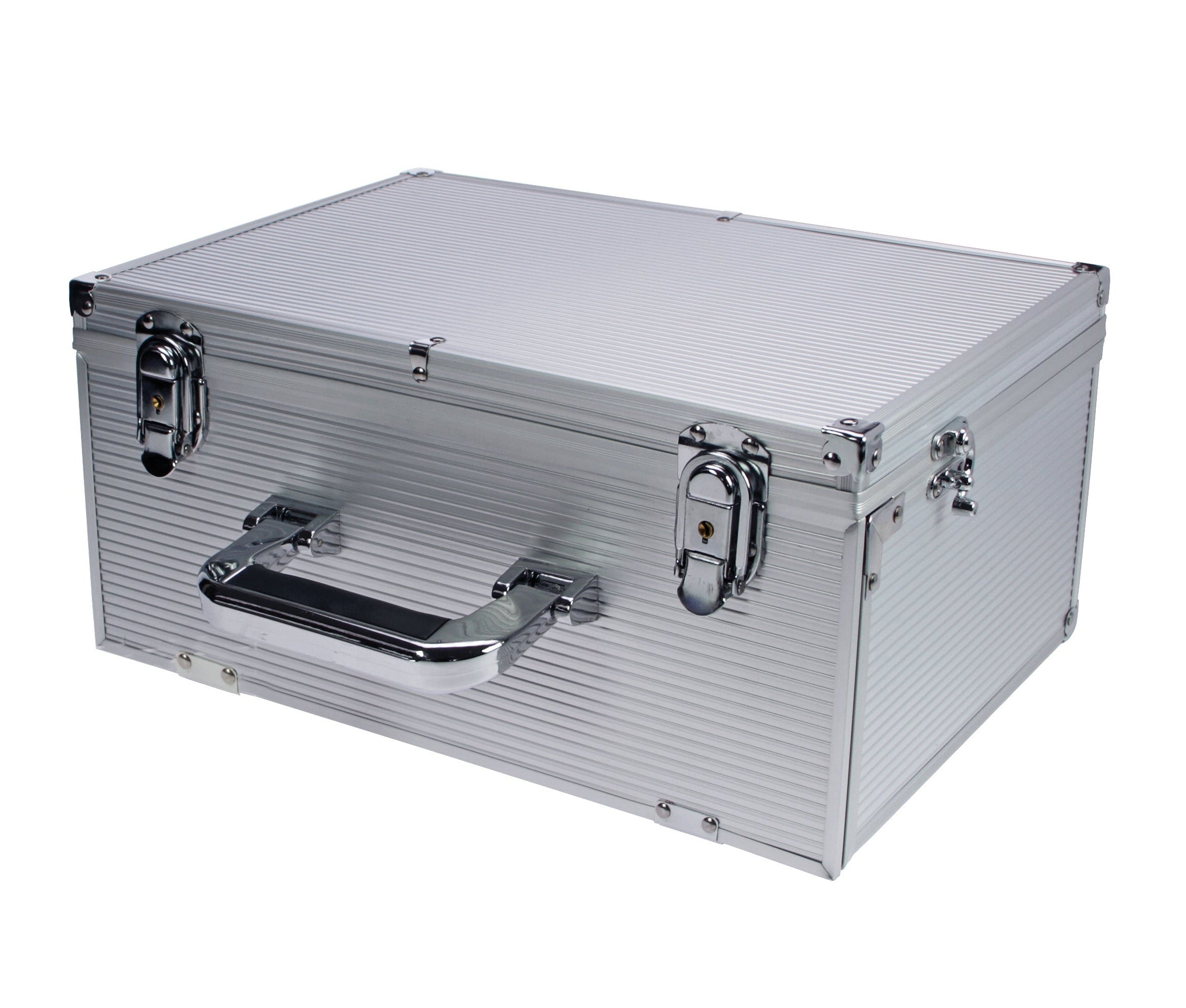 Silver aluminum coin case with a handle and snap lock on a white background