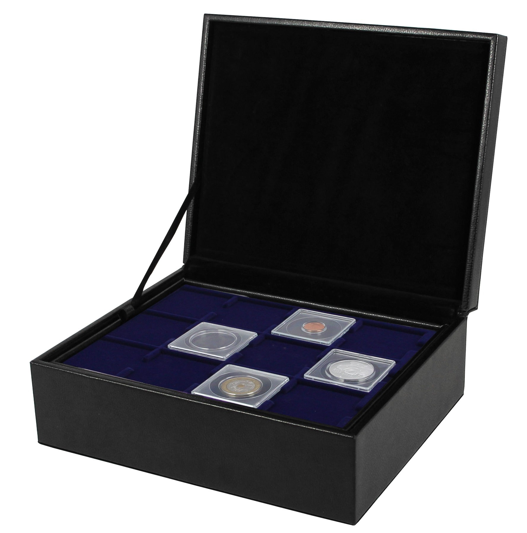 Collection of 2x2 coin flips on a blue velvet tray in an open black leather display case, on a white background.