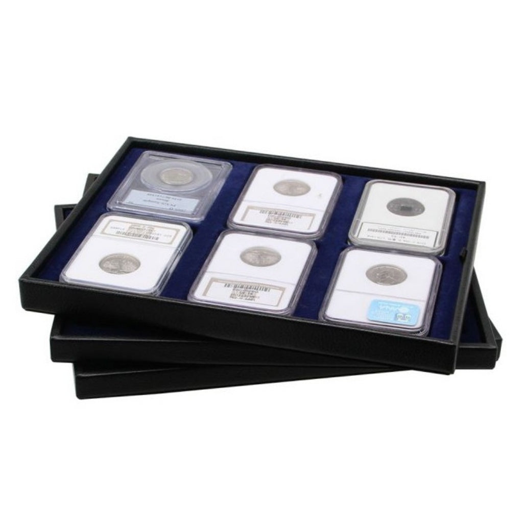 Stack of of 3 coin trays inside the leather tray holders, with graded coin slabs on a white background