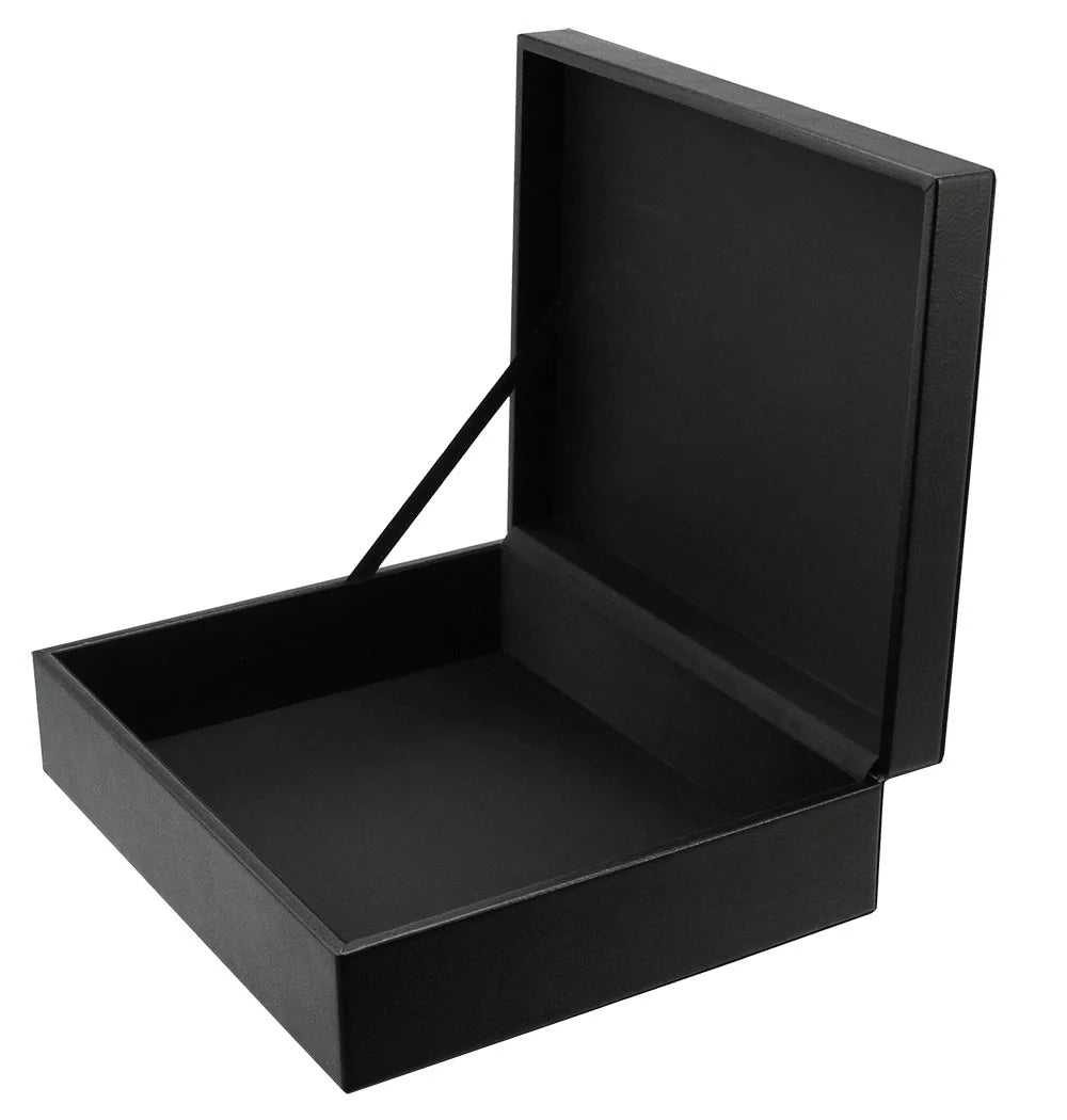Empty open black leather coin collection box on a white background