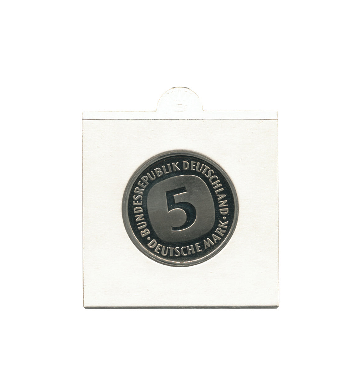 Metallic coin with '5' inside a self-adhesive cardboard coin flip on a white background