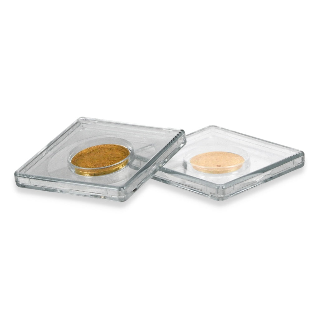 Two clear square 2x2 coin flips with gold coins on a white background