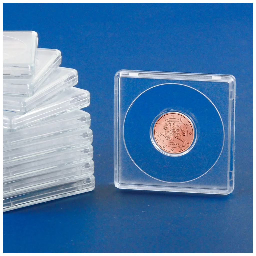 Stack of clear coin 2x2 coin holders and a single coin holder with a coin on a blue background