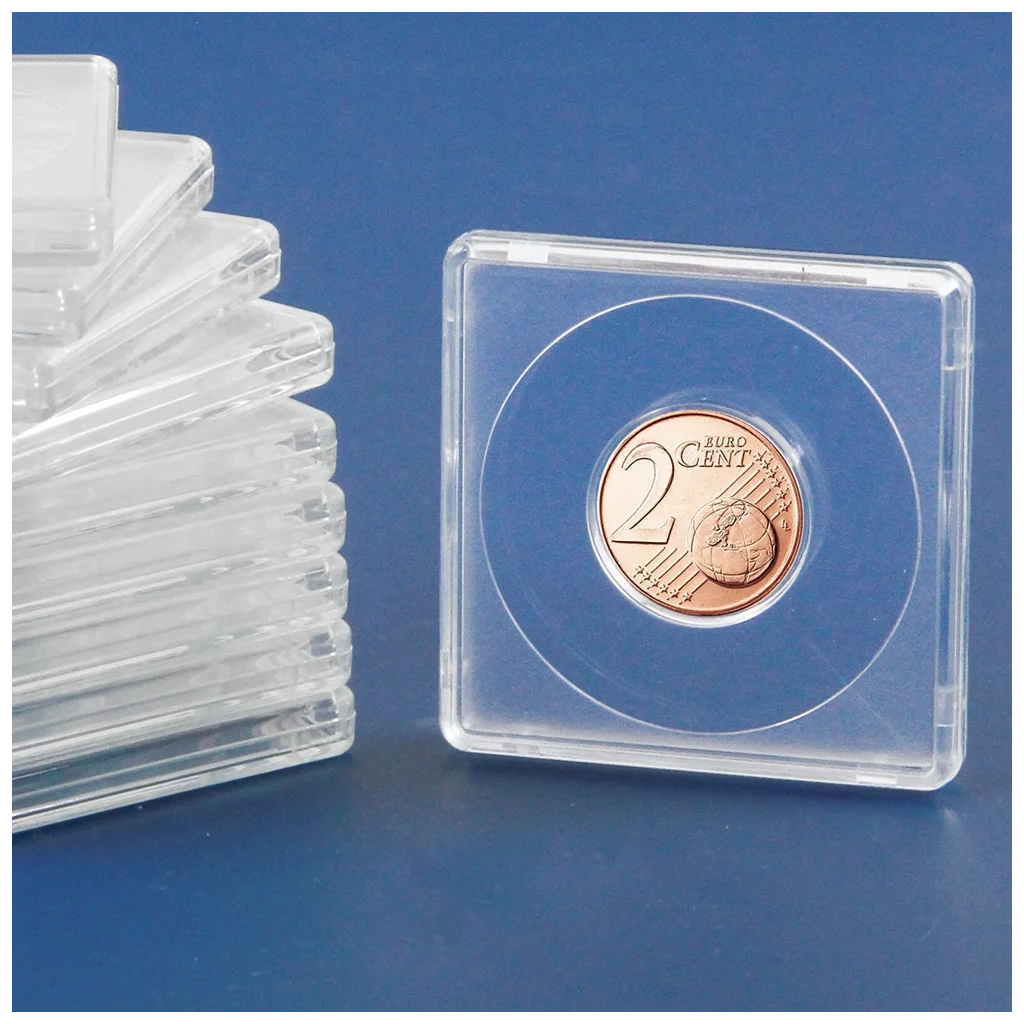 Stack of clear coin 2x2 coin holders and a single coin holder with a euro coin on a blue background