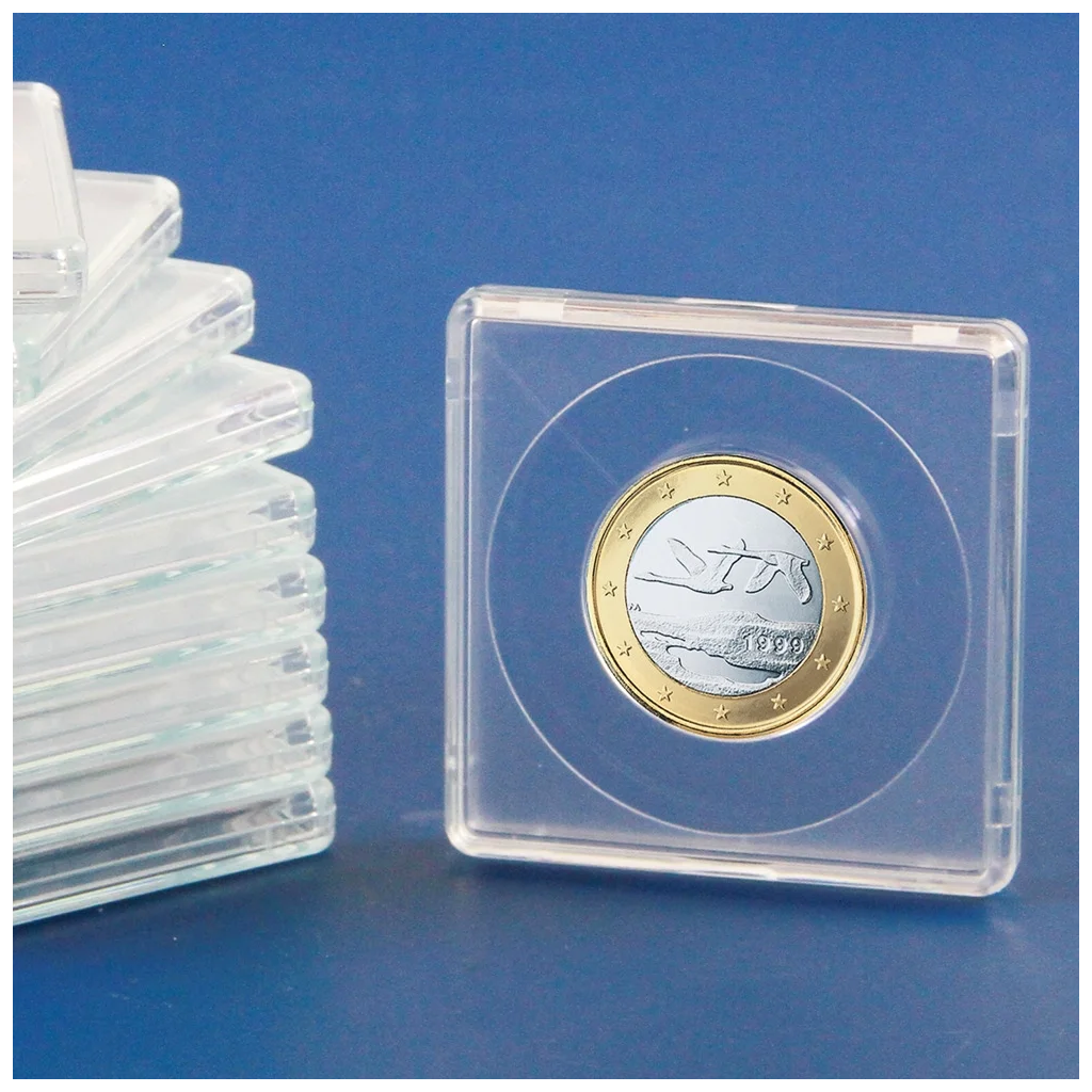 Stack of clear coin holders with a single holder containing a coin on a blue background