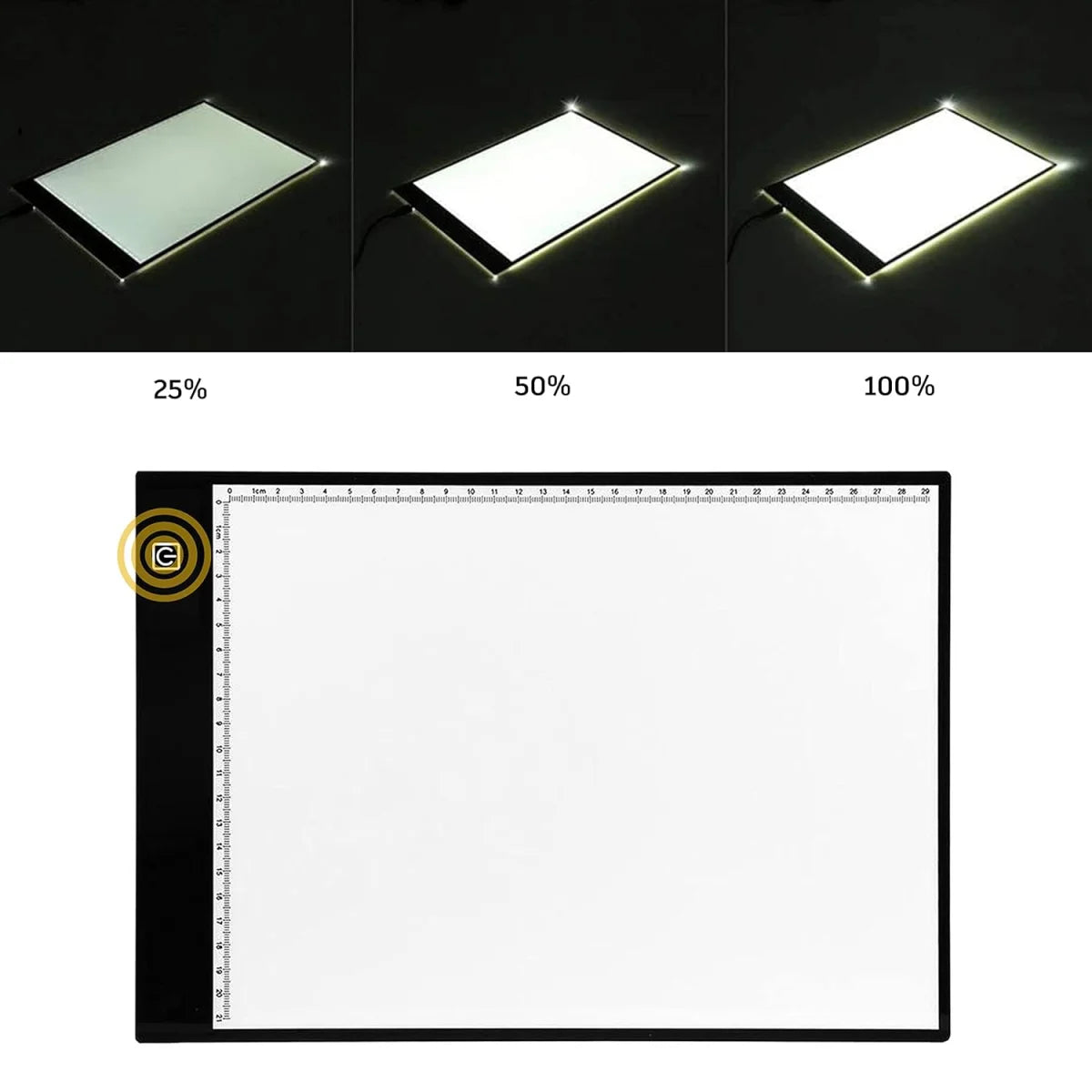 Light table with inset images of diffused power to 25%, 50%, and 100% intensity indicators on a black background.