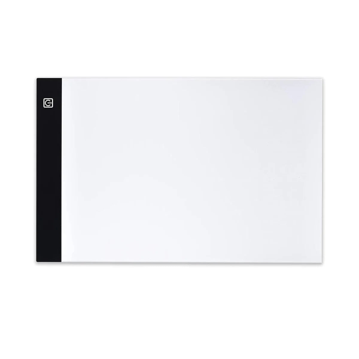 Rectangular white light table with black border on the left side and a power button on a white background