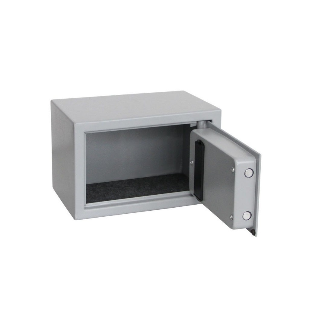 Gray safe with open door on a white background