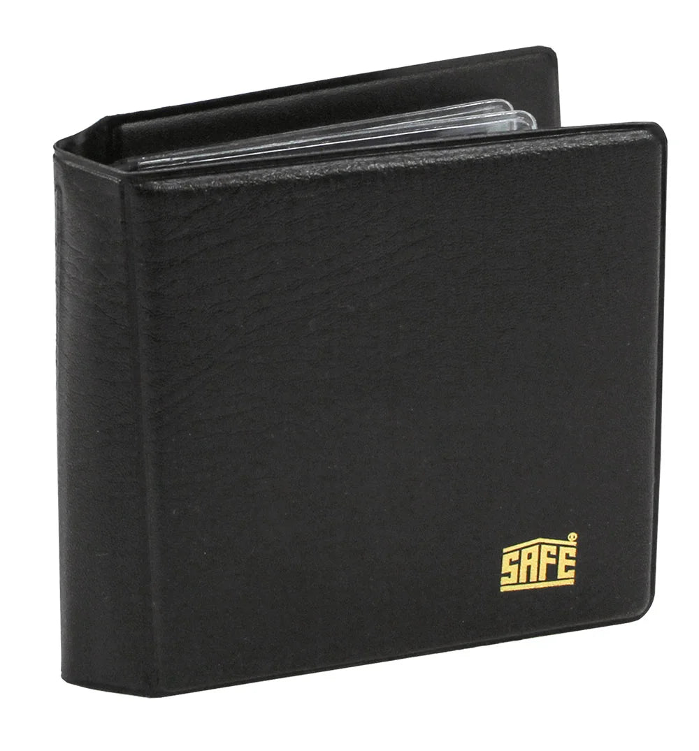 Pocket-sized portable black pin album with gold SAFE logo on a white background