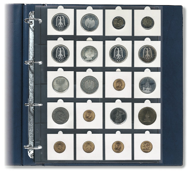 Transparent coin album page with 20 clear pockets holding a collection of 2x2 coin flips inside a blue album on a white background