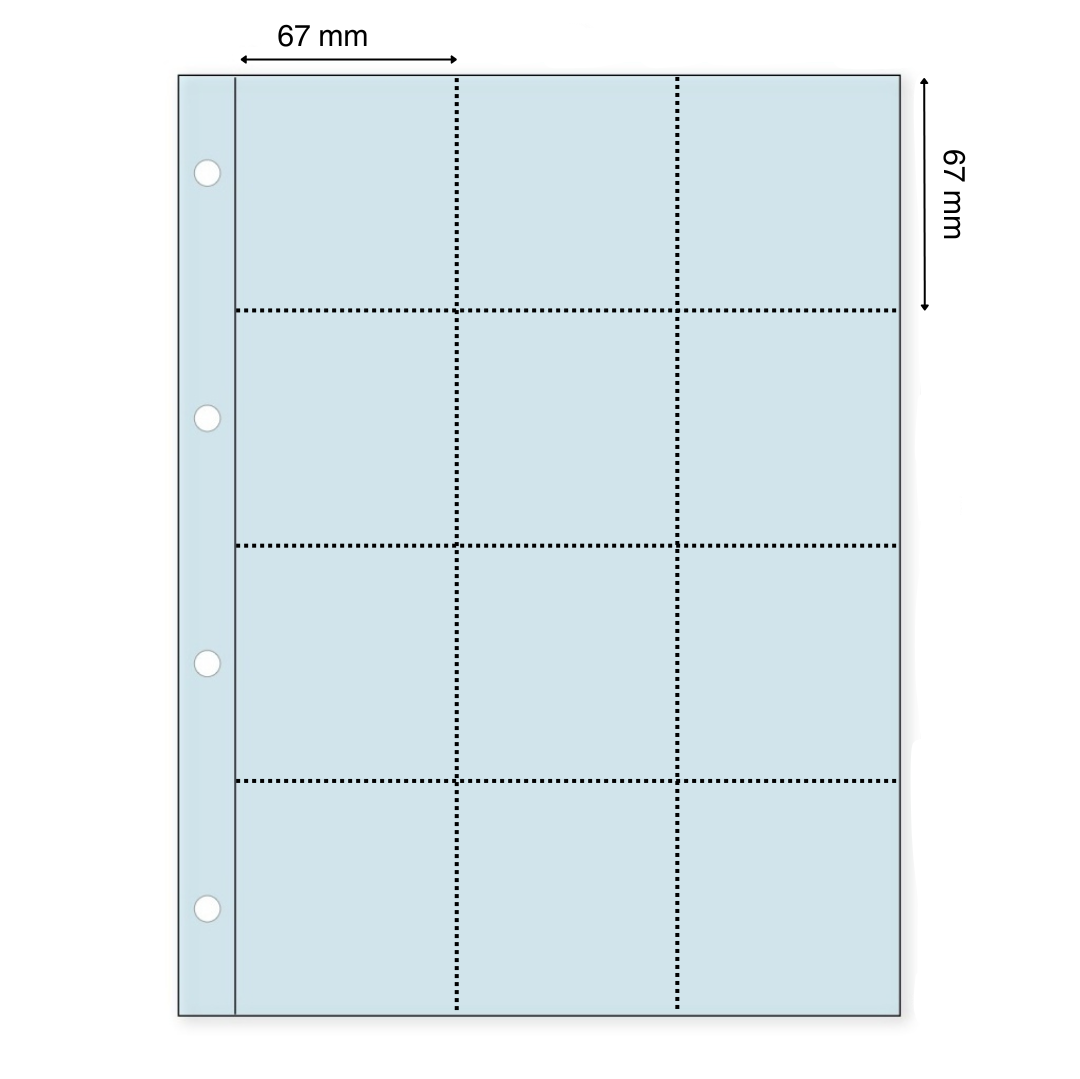 Light blue illustration representing a transparent album page with the pocket dimensions on a white background