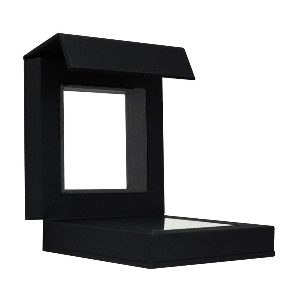 Open black square frame/shadowbox with transparent window made of flexible film on a white background