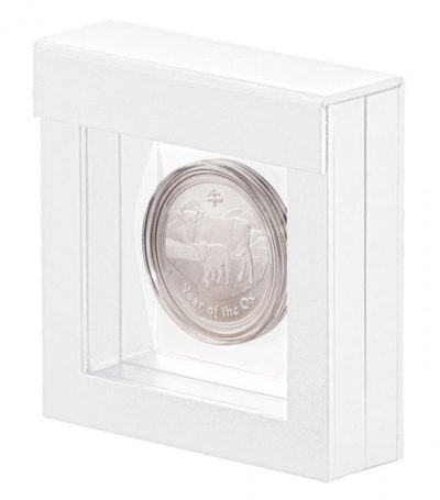 White square frame/shadowbox with transparent window made of film that is molded to a coin on a white background