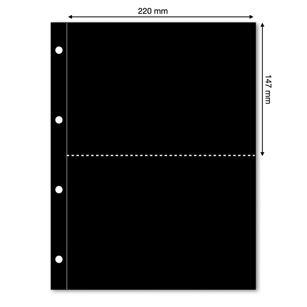 Black illustration representing an album page with the pocket dimensions on a white background