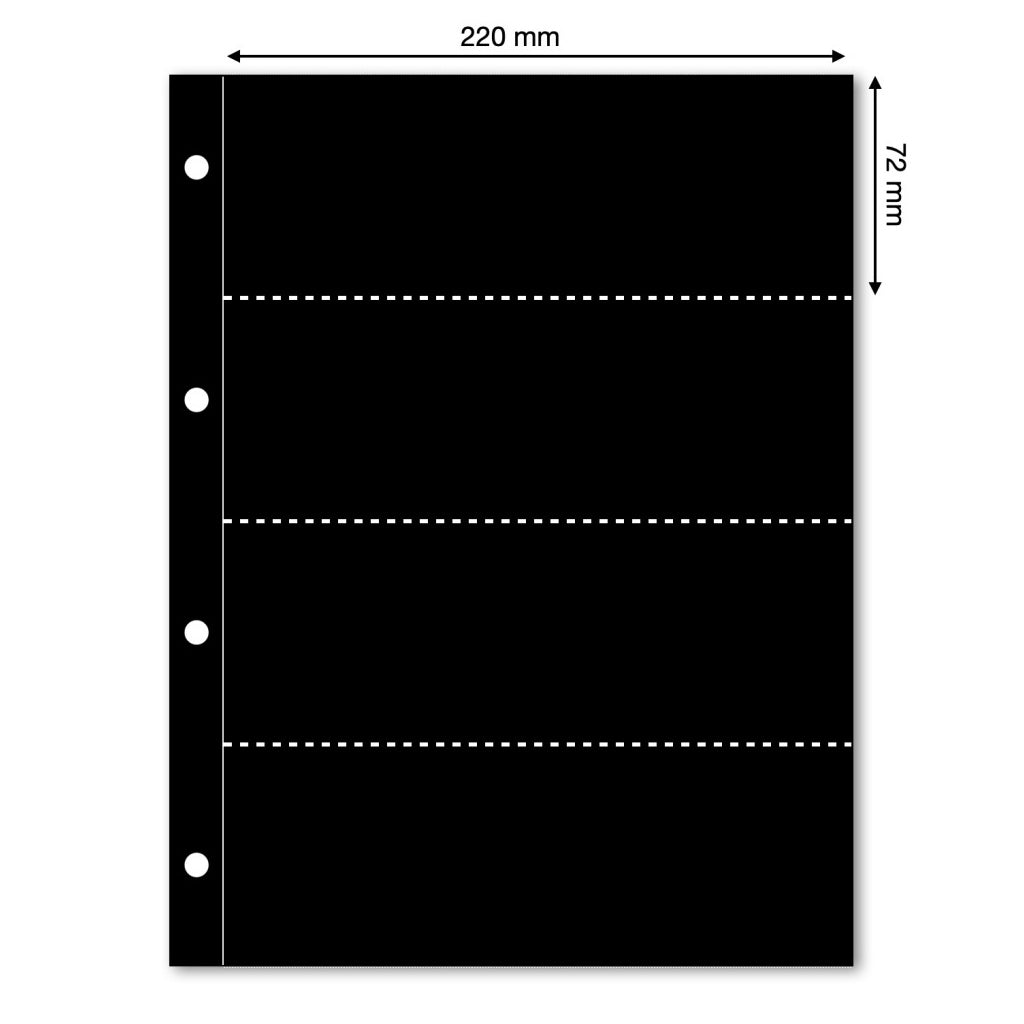 Black illustration representing an album page with the pocket dimensions on a white background