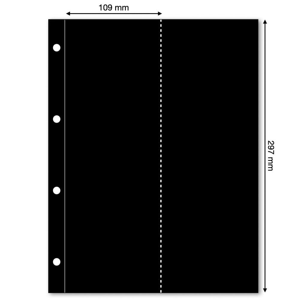 Black illustration representing an album page with the pocket dimensions on a white background
