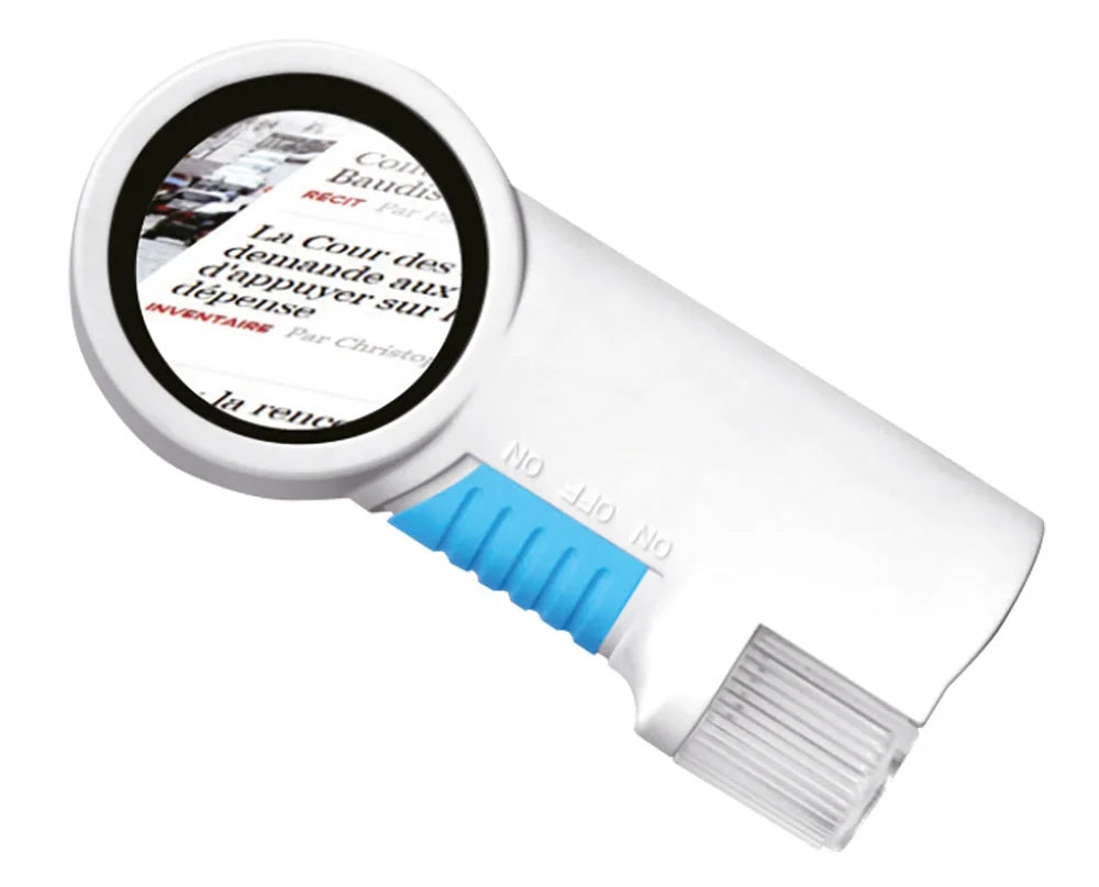 White magnifying glass with blue on and off switch on a white background