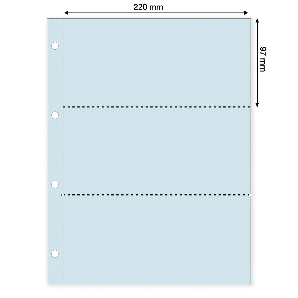 Light blue illustration representing a transparent page with the pocket dimensions on a white background