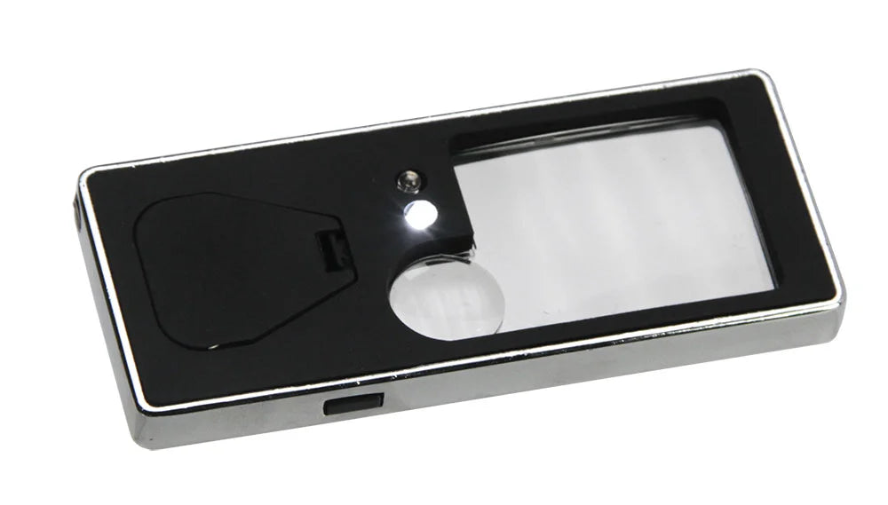 Black rectangle magnifying glass with two lenses, and UV / LED lights