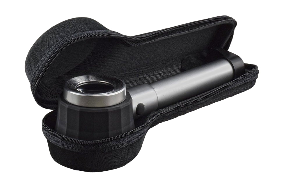 Silver magnifying glass with black accents  inside of a protective case on a white background