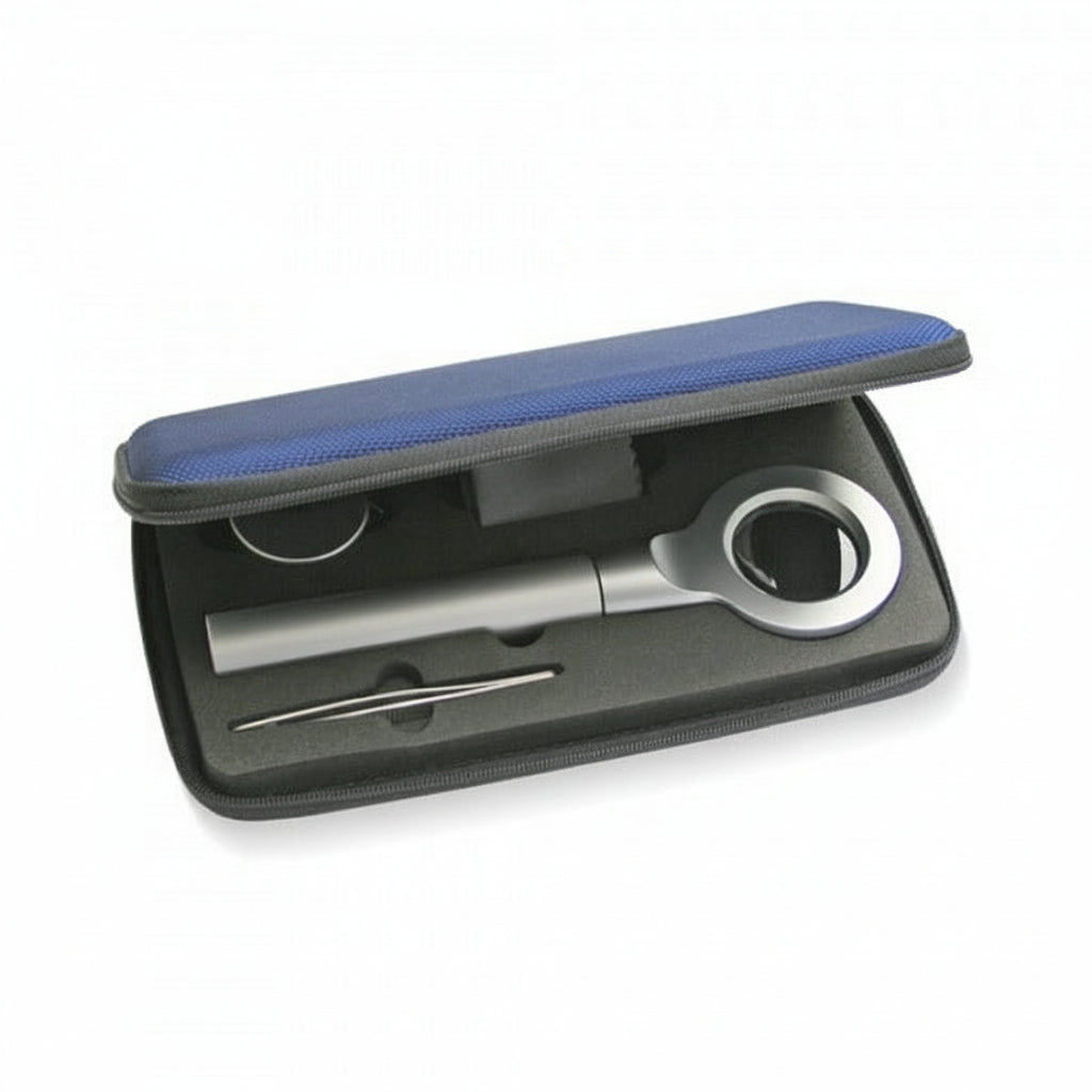 Stamp or coin collector gift set supplied with a silver handheld magnifier, one pair of silver tongs/tweezers, a metal measuring tape and a grey cleaning silk, laid inside a black foam insert, within a blue protective travel case. 