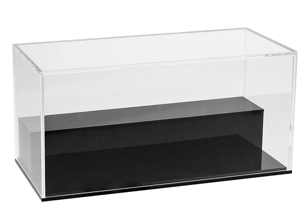 Empty acrylic display case with a black high glass step for a tiered presentation on a white background