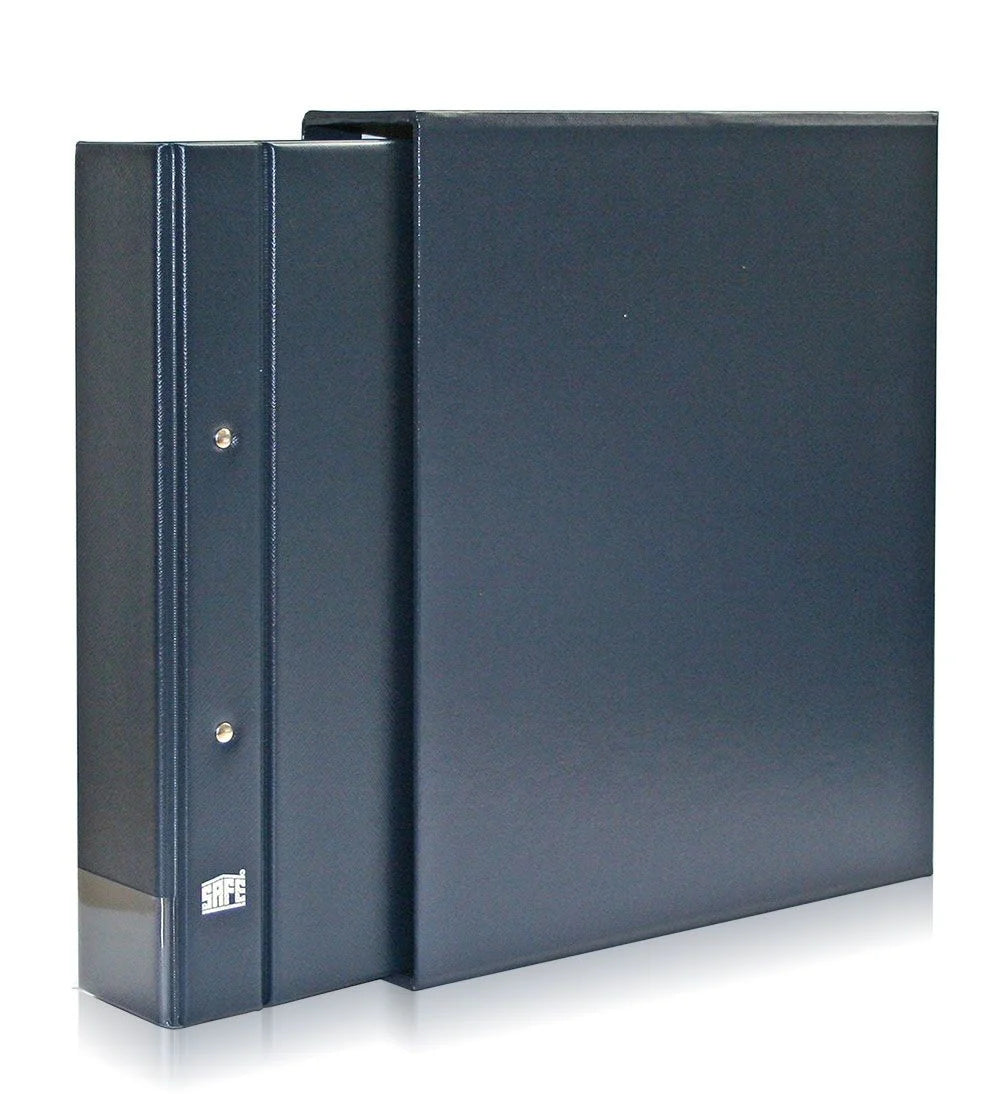 Blue album binder for flat collectibles with the SAFE logo peaking out of matching slipcase on a white background