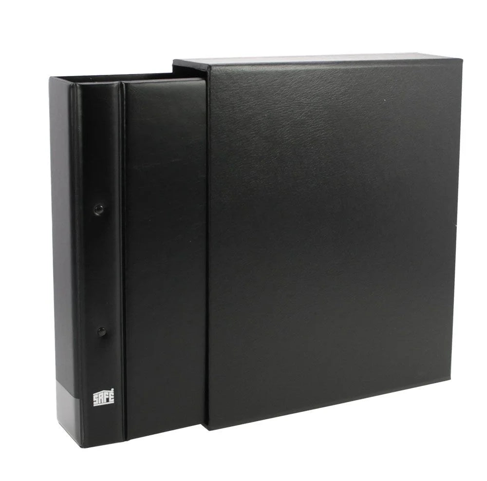 Black album binder for flat collectibles with the SAFE logo peaking out of matching slipcase on a white background