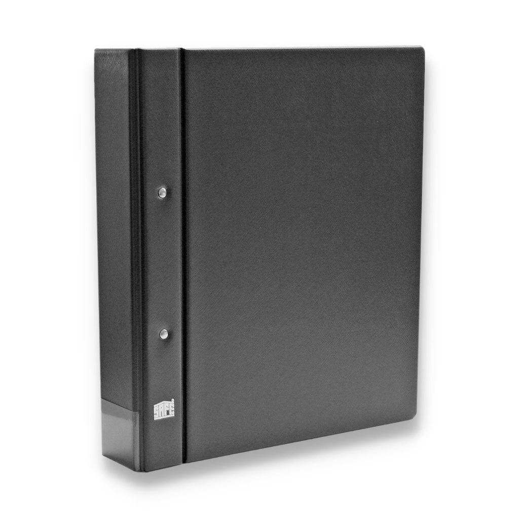 Blue album binder for flat collectibles with the SAFE logo on a white background