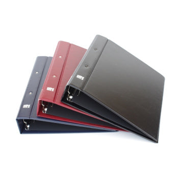 Three album binders stacked on top of one another in red, blue & black with SAFE logos on a white background